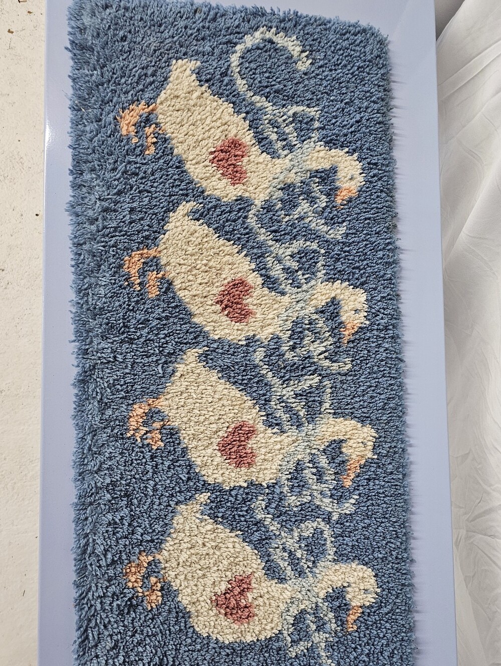 Vintage 1980s Completed Latch Hook Rug Wall Hanging - Country Geese Ribbon Motif